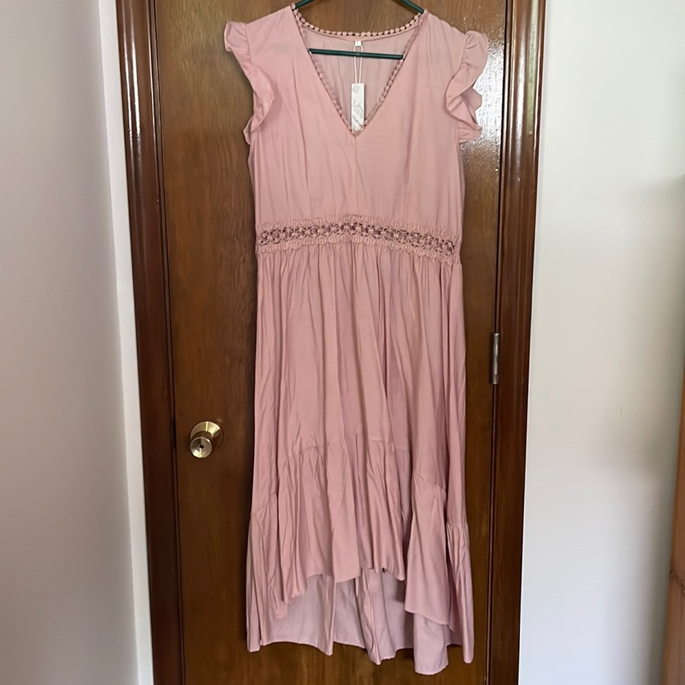 Gaovot Rose Pink Crochet Detail Dress